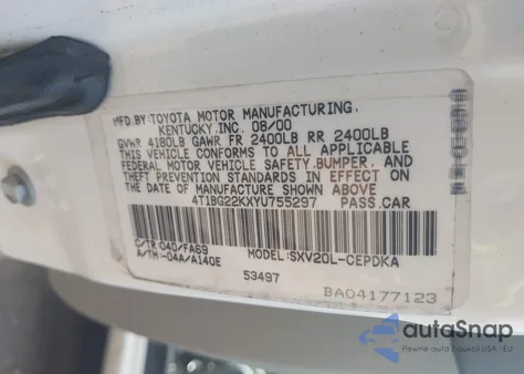 2000 Toyota Camry Ce from USA, damaged, VIN 4T1BG22KXYU755297